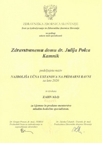 Priznanje Zdravniške zbornice Slovenije Zdravstvenemu dr. Julija Polca Kamnik in zdravnici Tjaši Schwarzbartl