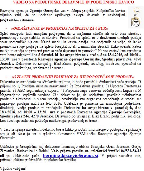 Vabilo na podjetnike delavnice in podjetniko kavico