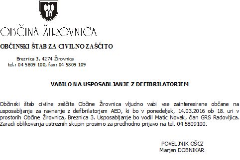 Vabilo na usposabljanje z defibrilatorjem