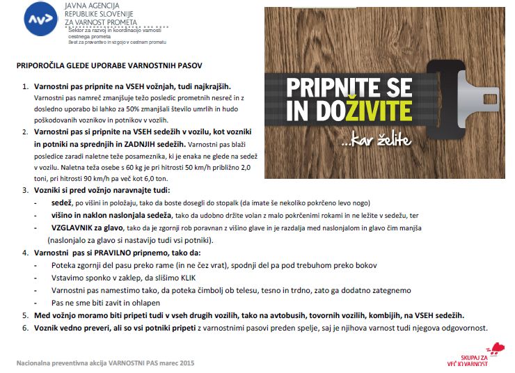 priporoila glede uporabe varnostnega pasu