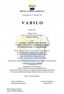 Vabilo - odkritje doprsnega kipa Martina Gaberca-03.10.2021