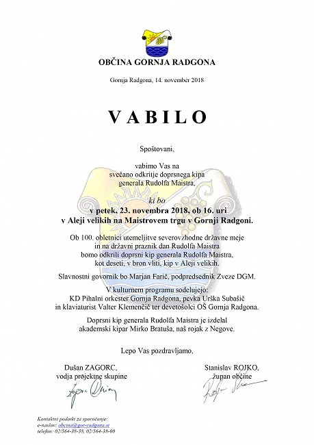 VABILO svečano odkritje doprsnega kipa generala Rudolfa Maistra-23.11.2018