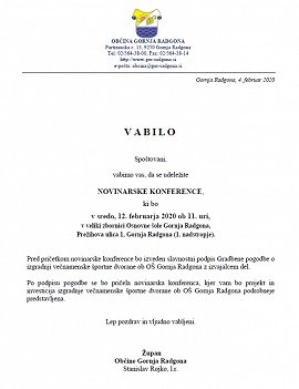 Vabilo na novinarsko konferenco-svečan podpis gradbene pogodbe VŠD ob OŠ GR-12.02.2020