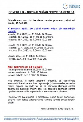 KORA-ZC-odpiralni čas od 15.4. do 30.4.2020