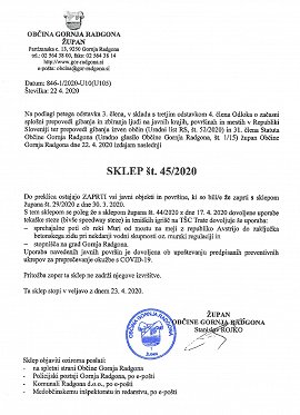 SKLEP-začasna prepoved gibanja na javnih mesti in površinah-Sklep 45-sprememba-22.04.2020
