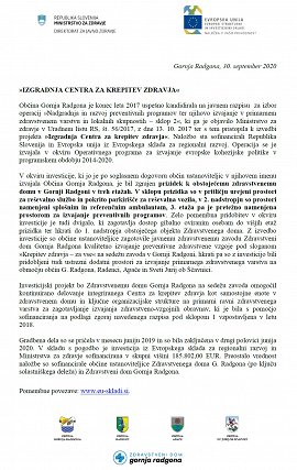 Informacija za javnost-zaključek projekta-Izgradnja Centra za krepitev zdravja-ZDGR-30.09.2020
