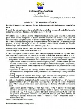 Nadaljevanje projekta Kolesarska pot v mestu G.R. z rekonstrukcijo ulice Cesta na stadion