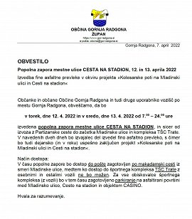OBVESTILO - Zapora Ceste na stadion 12. in 13. 4. 2022