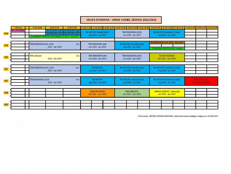 urnik vadbe - velika dvorana