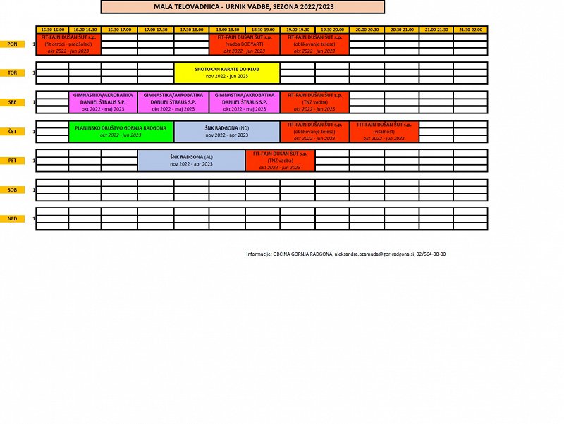 urnik vadbe - mala telovadnica