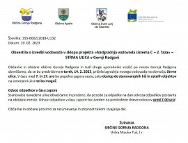 Obvestilo izgradnja vodovoda Strma ulica - februar 2023