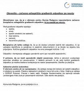 Obvestilo KORA-predaja gradbenih odpadkov in odpadkov iz azbesta-po neurju-julij 2023