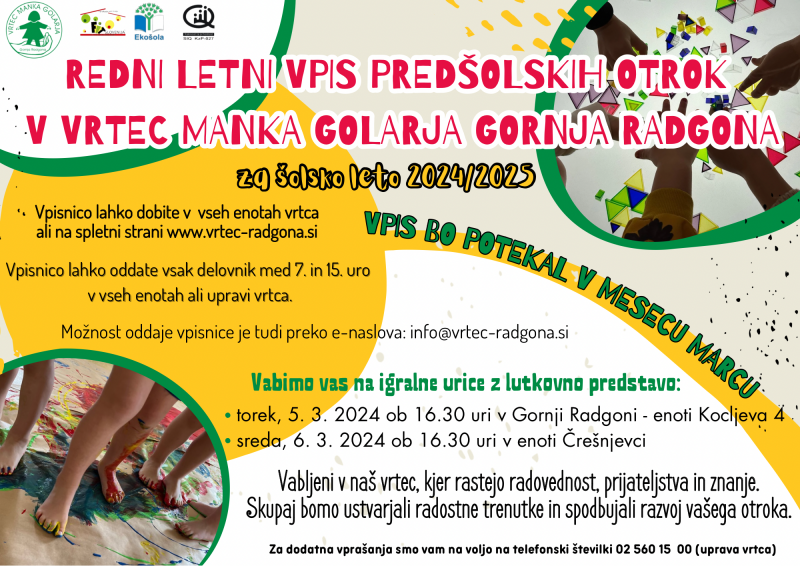 Vrtec MGGR-Obvestilo o rednem letnem vpisu 2024-2025