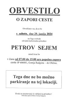 Obvestilo o zapori ceste Petrov sejem 2024